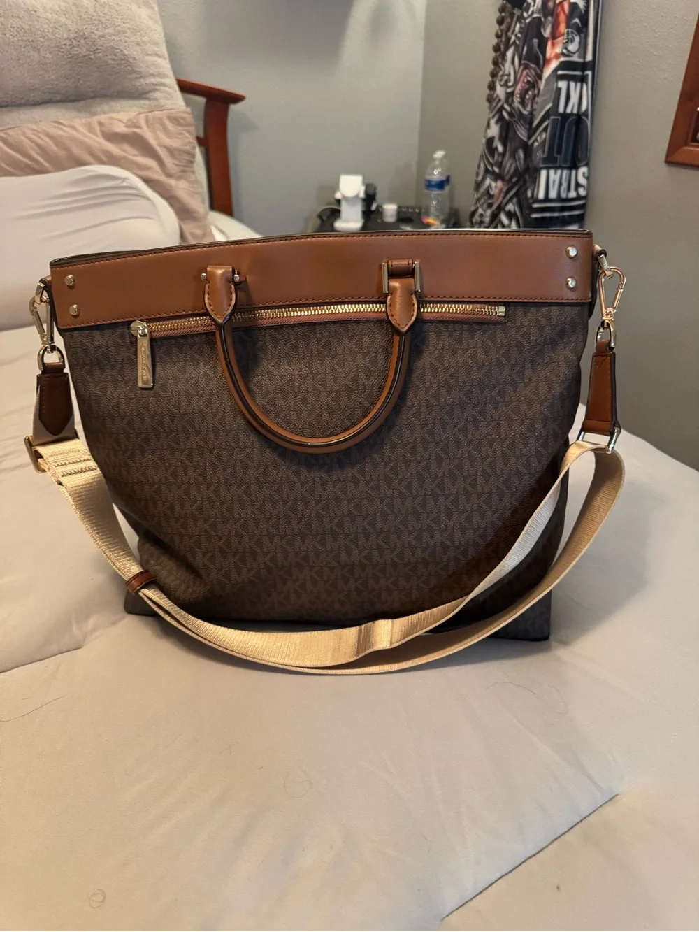 Michael Kors Brown Logo Tote with Tan Trim and Gold Hardware